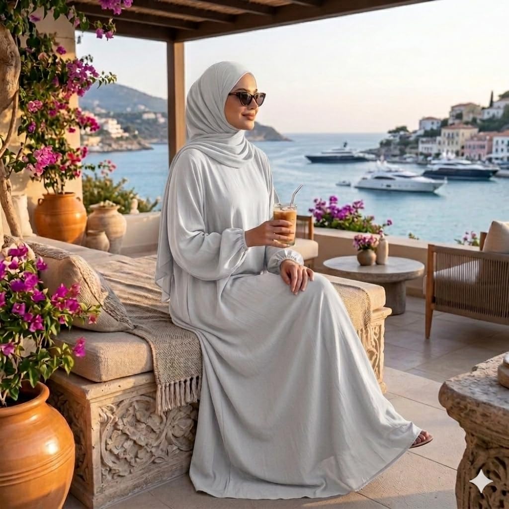 Abaya Femme Verte avec Hijab Intégré, Tissu Opaque et Fluide, Taille Unique (S au XL), 145 cm, Fabriquée en France