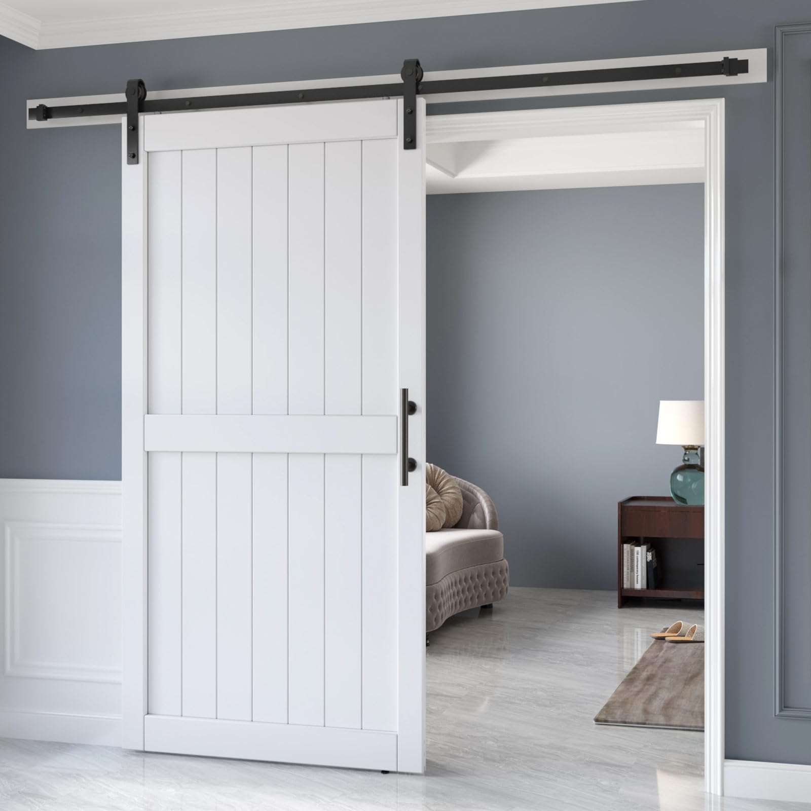 Finosen 42in x 84in White Barn Door Slab with 7FT Sliding Door Hardware Kit,Waterproof,Anti-Scratch,DIY Easy Assembly,Easy to Clean,H Frame