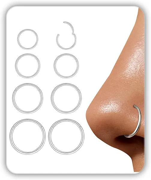 8Pcs 18G Nose Rings Hoops Set for Women Men: Hypoallergenic Gold/Silver 316L Surgical Stainless Steel Nose Hoops Hinged Clicker Septum Rings for Nose Cartilage Body Piercing Jewelry 6mm 7mm 8mm 9mm