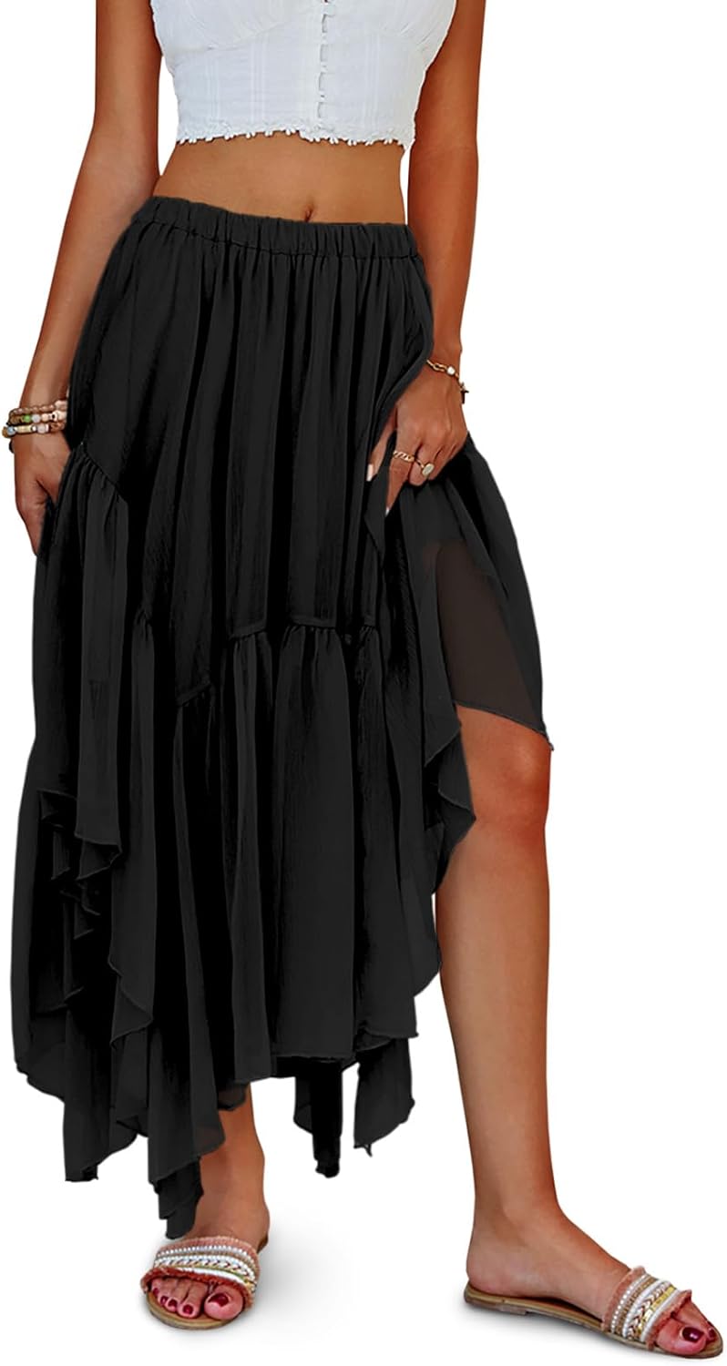 Fisoew Womens Summer Boho Maxi Skirt Casual Asymmetric High-Low Hem Flowy Bohemia Long Skirt