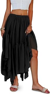Womens Summer Boho Maxi Skirt Casual Asymmetric High-Low Hem Flowy Bohemia Long Skirt