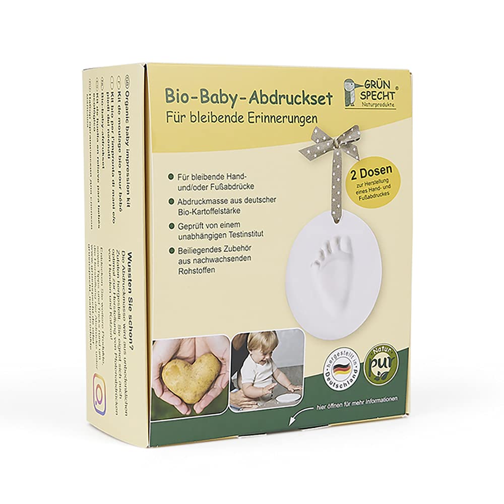 GRÜNSPECHT Bio-Baby-Abdruckset, 2 Dosen Abdruckmasse & Zubehör, Baby Handabdruck & Fußabdruck, aus zertifizierter Bio-Kartoffelstärke, Geschenk Geburt (679-00)