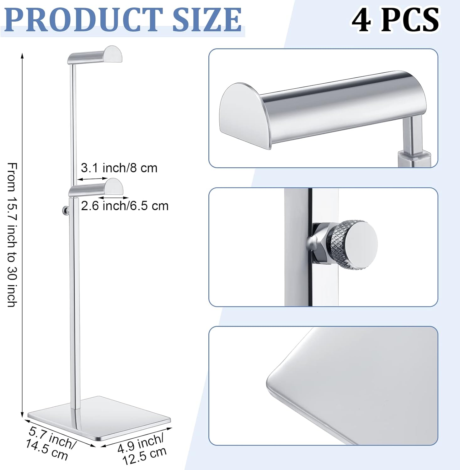 Landhoow 4 Pcs Stainless Steel Purse Display Stand Silver Handbag Display Stand Rack Adjustable Height Holder Set for Boutique Store Home Store Counter Shelf Floor Props Decoration