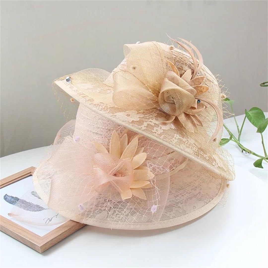 Yeuyyben Femminile Elegante Organza Cappelli Adulto Viaggio Sun Caps Femminile Tesa Larga Beach Caps Lady Party Bucket Organza Caps