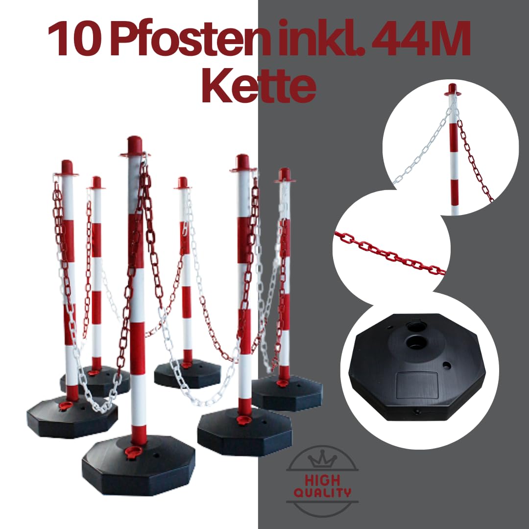 10er Set Absperrpfosten Rot-Weiß mit 44 m Kette – Absetzpfosten aus robustem Kunststoff für Innen & Außen – Begrenzungsposten, Absperrband, Verkehrssicherung