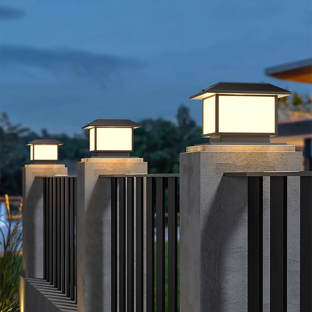 Solarne lampy słupkowe – nowoczesne oświetlenie krajobrazu LED, wodoodporne, czarne, kwadratowe światła słupkowe, zasilane energią słoneczną, na taras, do ogrodu, skrzynki pocztowej, cokołu.