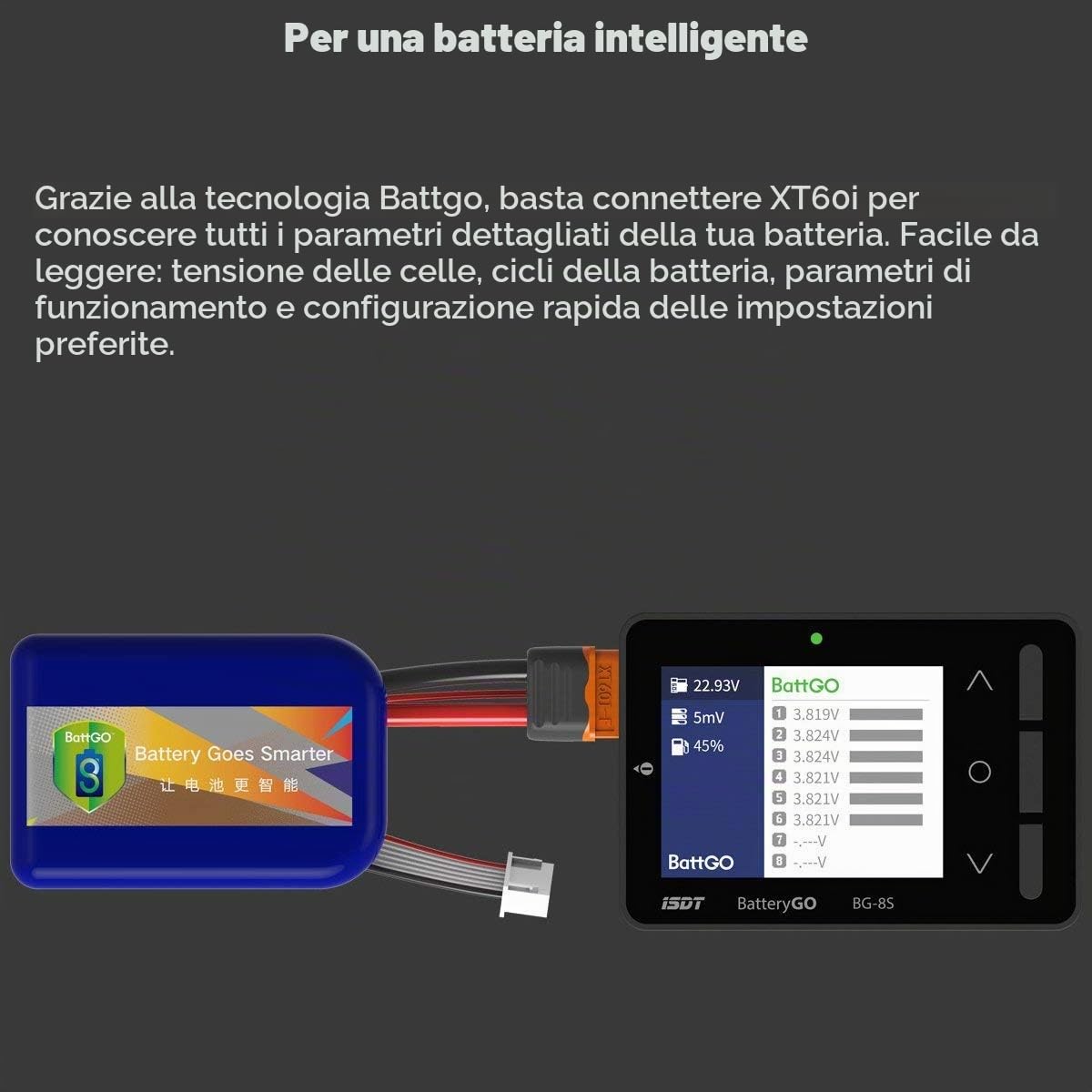 ISDT BG-8S - Tester di capacità della batteria, schermo LCD, tester di tensione per batterie LiPo/Life/Li-ion/NiMH/Nicd