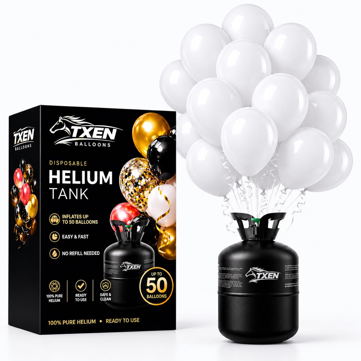TXEN Disposable Helium Tank | Helium Balloon Canister for Parties 13 L | Helium Gas for Balloons | Includes 50 White Balloons & Curling Ribbon | Birthday, Wedding, Baby Shower