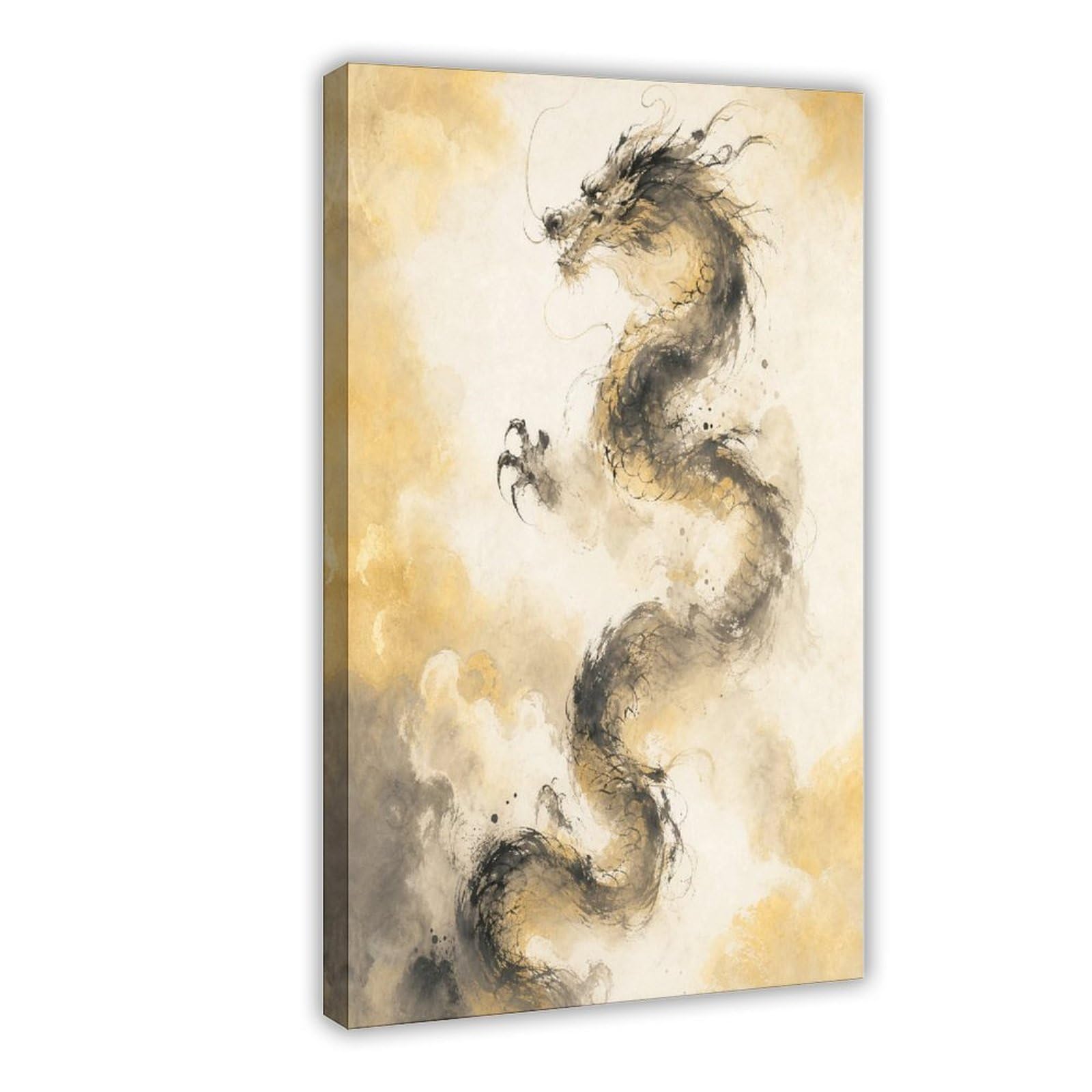 H3b8u2y5 Frame-Style-8 Ink Dragon With Small Bird Canvas Wall Art, Gongbi Painting Hallway