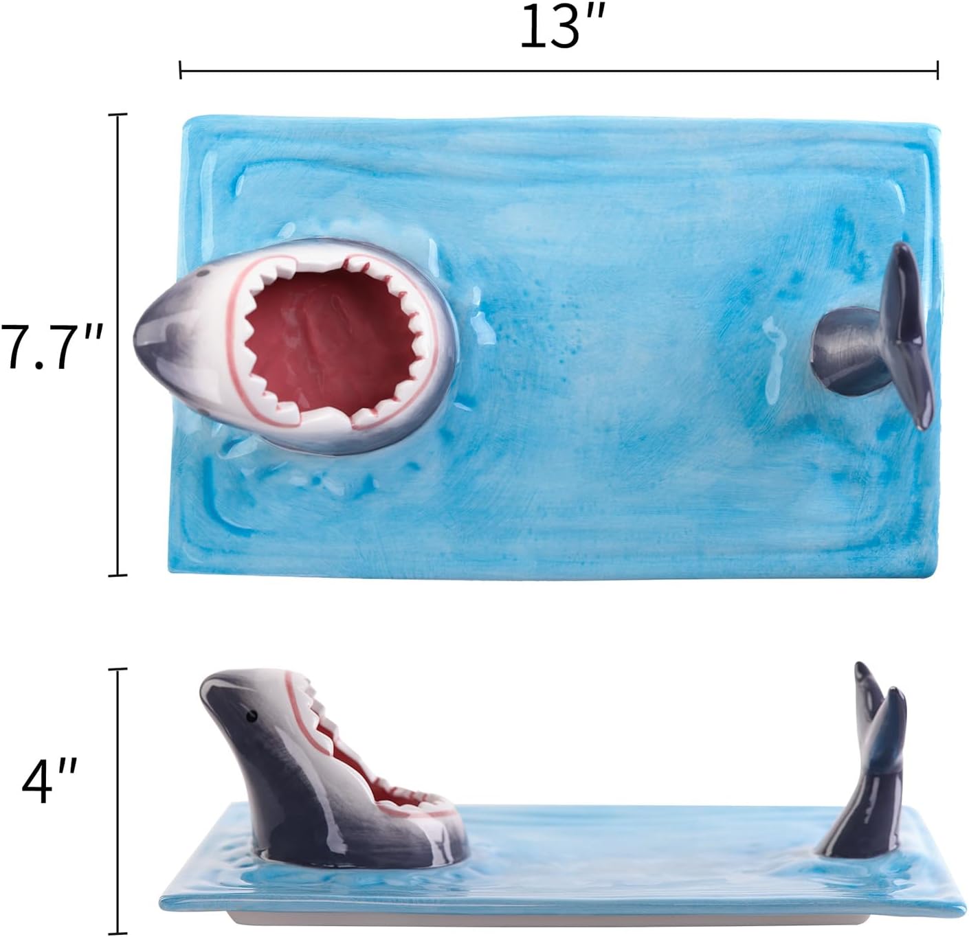 Shark Charcuterie Board, Shark Fish Sushi Plates, Handmade Ceramic Taco Holder, Funny Sharks Party Decorations Platter Tray with Dipping Sauce Bowl, Holiday Birthday Gifts for Sharks Party Lovers