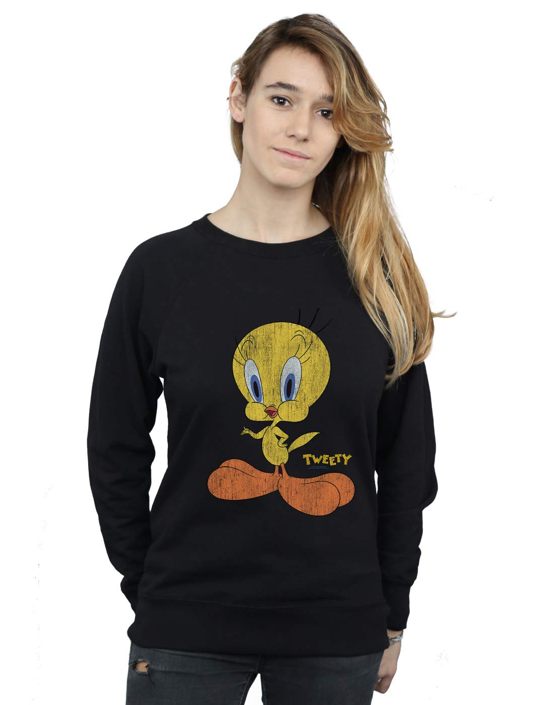 Absolute Cult Women's Black Looney Tunes Tweety Pie Distressed Sweatshirt X-Large