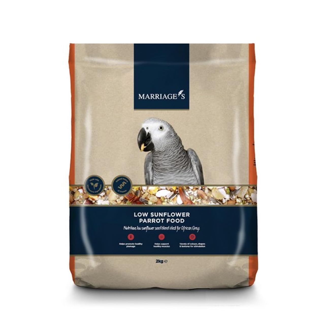 Marriages - Low Sunflower Parrot Food 2kg, Parrot Seed with Oats and Peanut Kernels, Wholesome Bird Seed, Bird Food Packed with Fibre and Protein