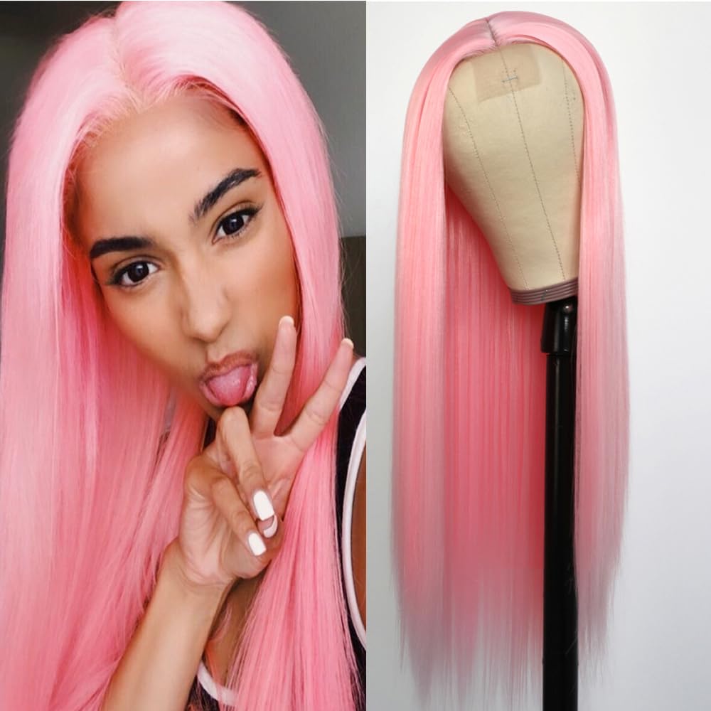 Missyvan Lace Front Wig Long Straight Pink Hair Wig Mix Pink Red Color Synthetic Hair Light Pink Hair Glueless Lace Wigs Heat Resistant Hair Natural Hairline