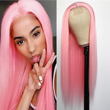 Missyva Pink Wigs Glueless Pure Pastel Light Pink Long Straight Hair Synthetic Wigs for Fashion Women Harm المقاوم للحرارة الألياف الشعر   