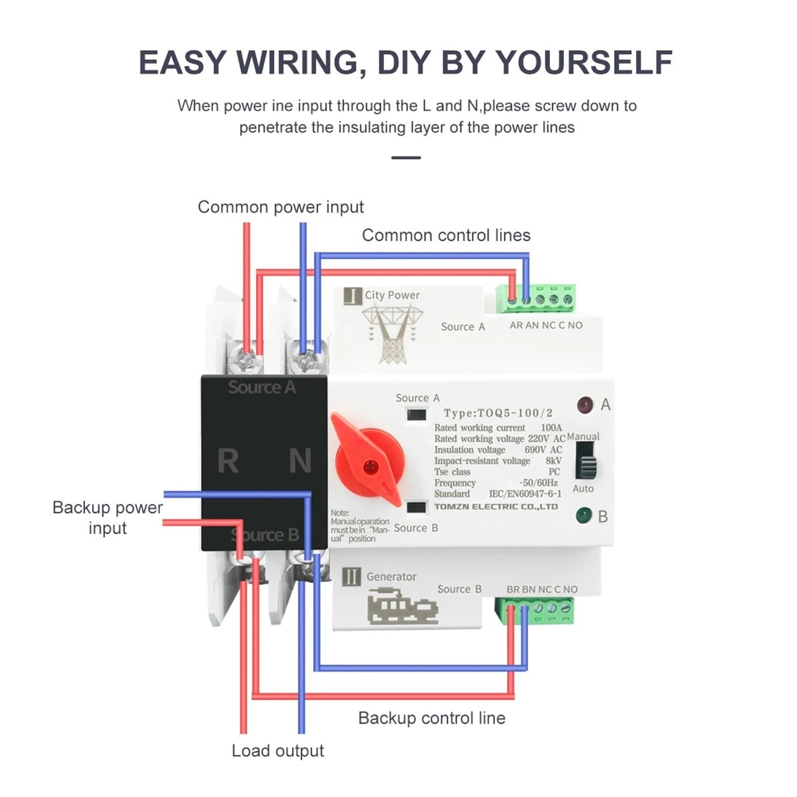 1 pz. Interruttore selettore elettrico automatico di trasferimento a doppia alimentazione, monofase, su guida DIN, ATS 110 V 220 V, senza interruzione, 2P, 63 A, 100 A, 125 A(110V,100A)