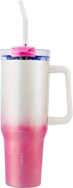 Murmioo 40OZ Tumbler with Handle and Straw,Insulated Leak Proof Double Walled Stainless Steel Travel Mug,Reusable Water Bottle Cupkeep Cold IceHot water for Hours(Pink white gradient)
