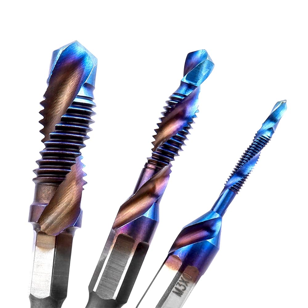 Treki Lot de 6 tarauds combinés M3 M4 M5 M6 M8 M10 - Tarauds manuels - Tarauds hélicoïdaux avec 6,35 mm - Pour visseuse sans fil - Taraud manuel HSS