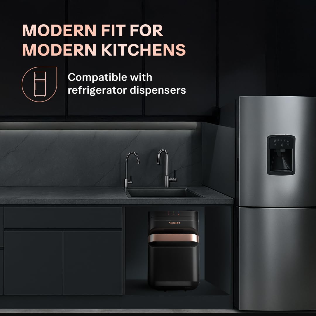 Aquaguard Aspire Designo UTC UV+UF 2X installed under a kitchen counter next to a refrigerator