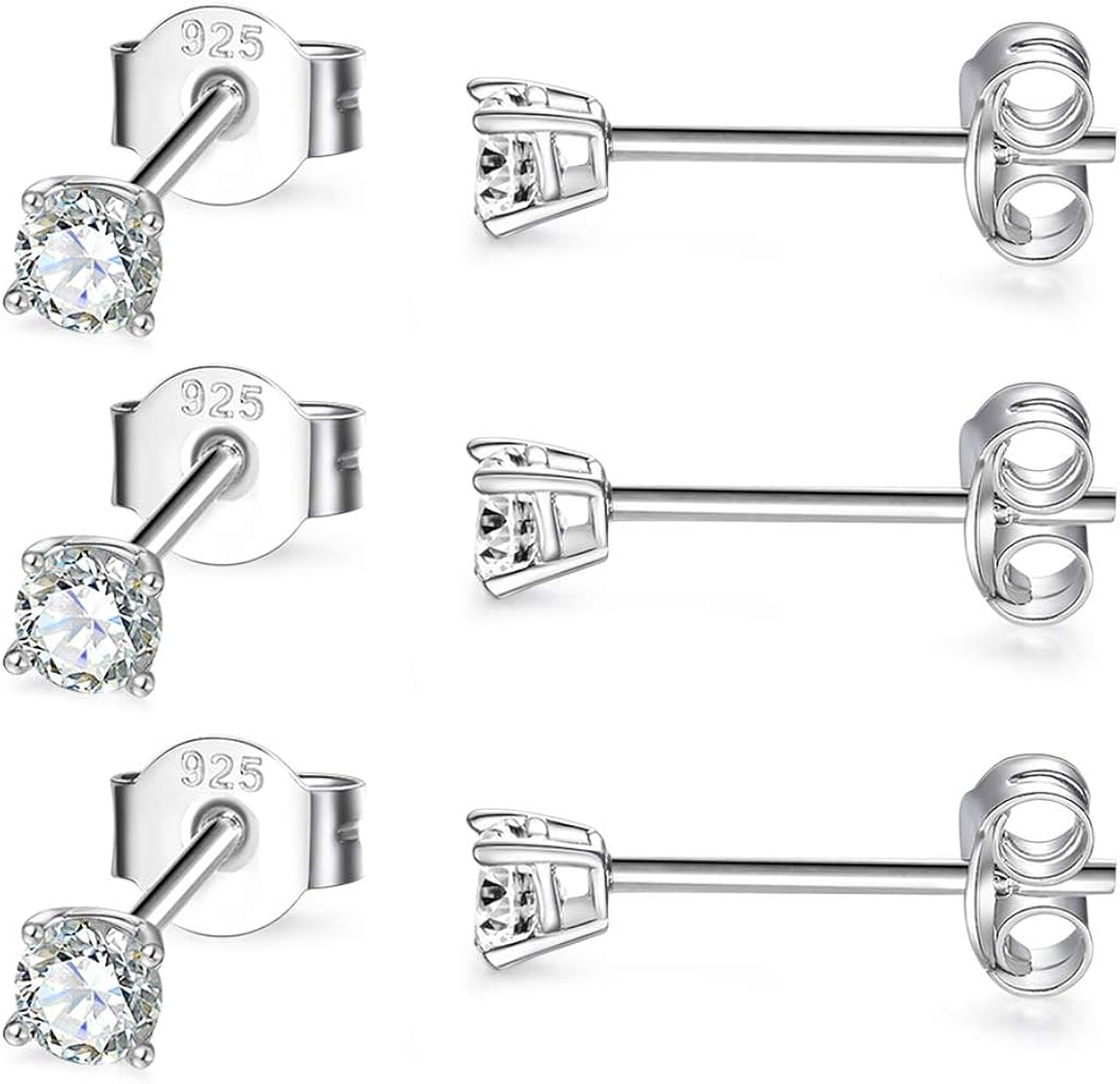 CERSLIMO Silver Stud Earrings for Women Men Girls 3 works Sterling Silver Tiny Cubic Zirconia Stud Earrings Small Dainty Cartilage Tragus Sleeper Earrings Set (4mm