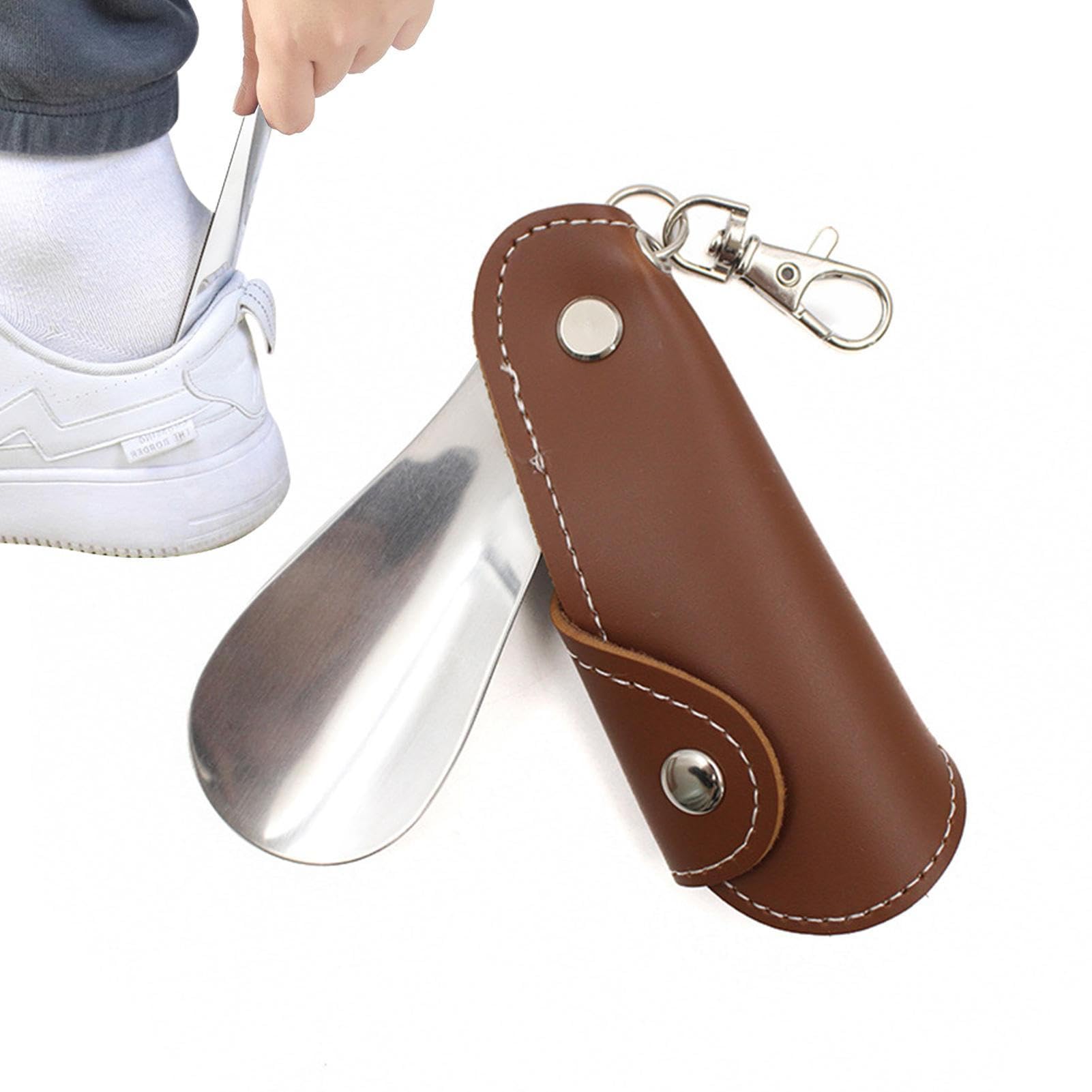 Pw Tools Men's Dark Brown Shoe Horn Keychains, Stainless Steel Shoehorn With Pu Leather Case Keyring, Small Shoe Horn Lazy Shoe Helper, Shoe Horns For Wo The Elderly Kids