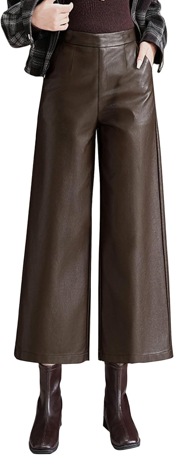 Lucrosun Women's Elastic High Waist Wide Leg Faux Leather Pants Palazoo Trousers