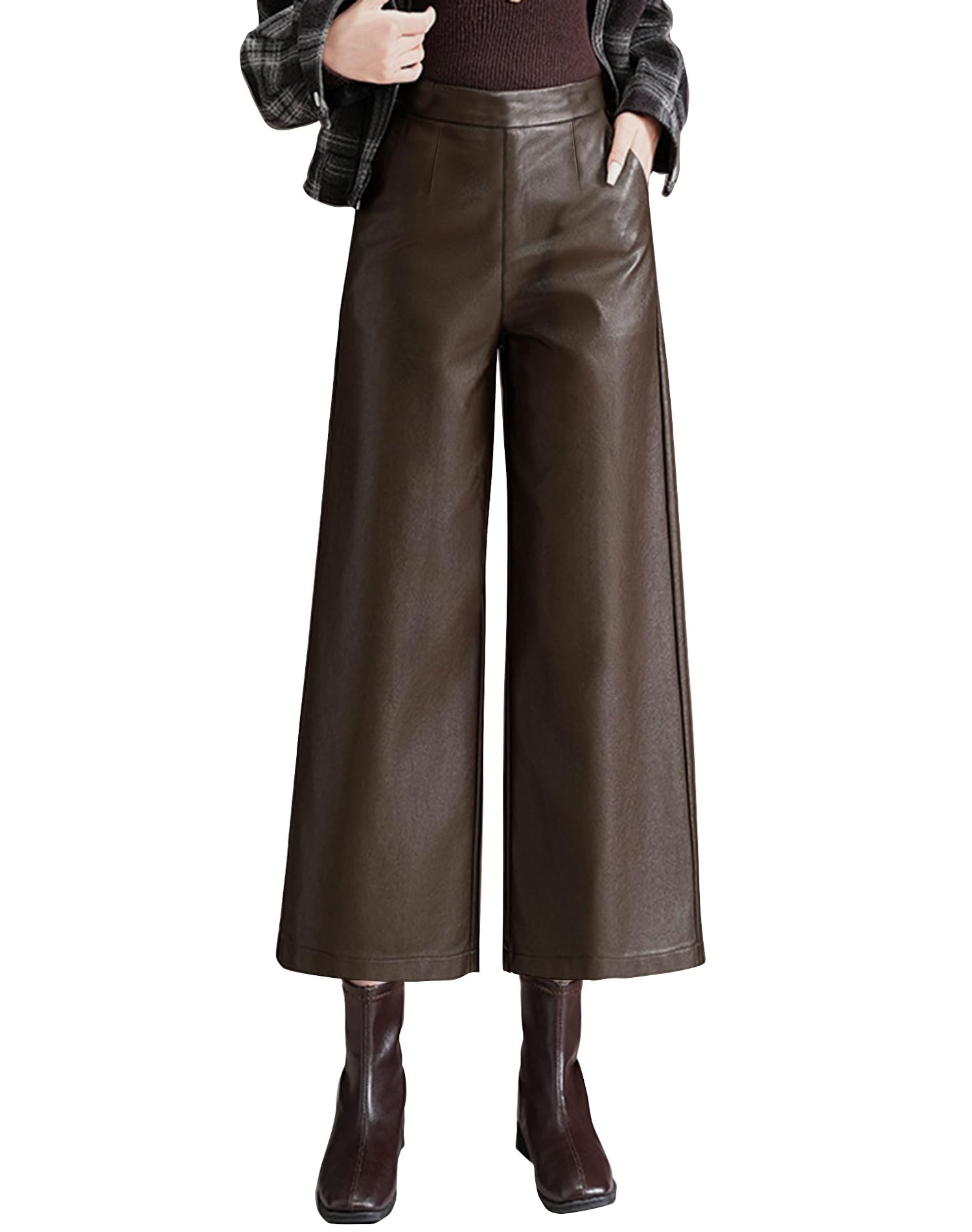 Lucrosun Womens Elastic High Waist Wide Leg Faux Leather Pants Palazoo Trousers