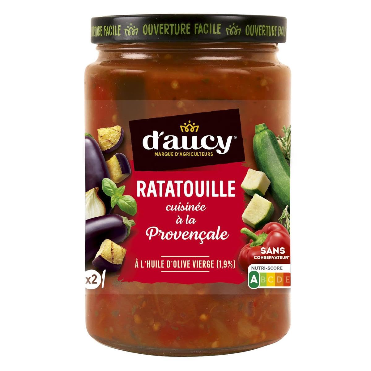 Gagnez du temps avec une ratatouille savoureuse et sans conservateur — D'AUCY Ratatouille Provençale à l'huile d'olive vierge, lot de 2 bocaux en verre de 380 g - Lot de 4