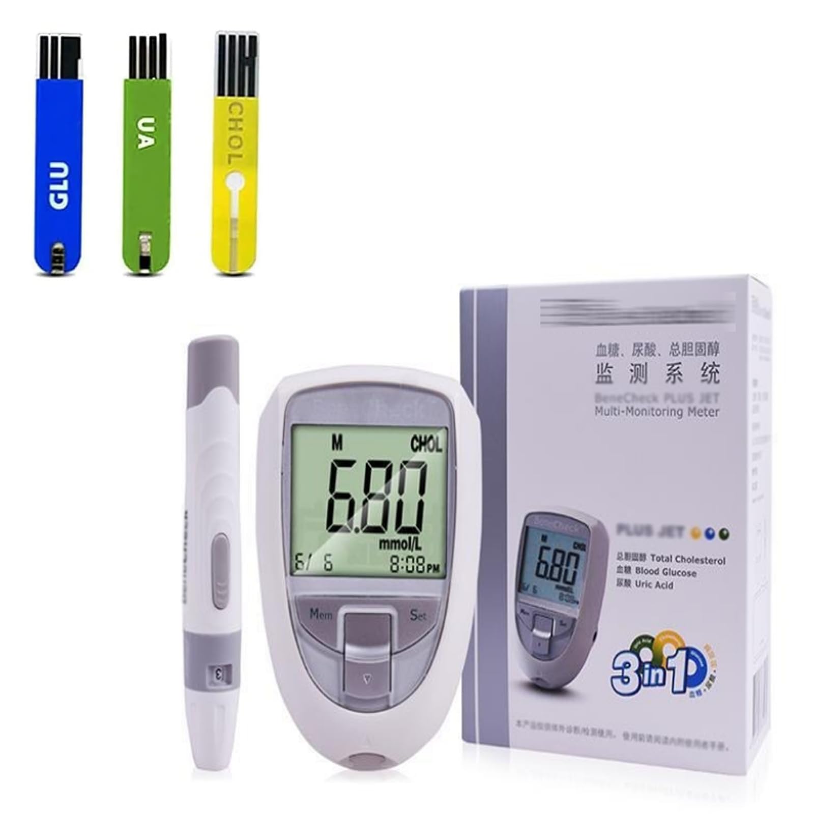 Tester Multifunzione Per Glucosio, Misuratore Di Colesterolo Totale Per Glucosio, Acido Urico 3 In 1, 50 Zuccheri Nel Sangue, 25 Acido Urico, 10 Colesterolo, Memorizzazione 300 Set Di Dati, Kit Per Te