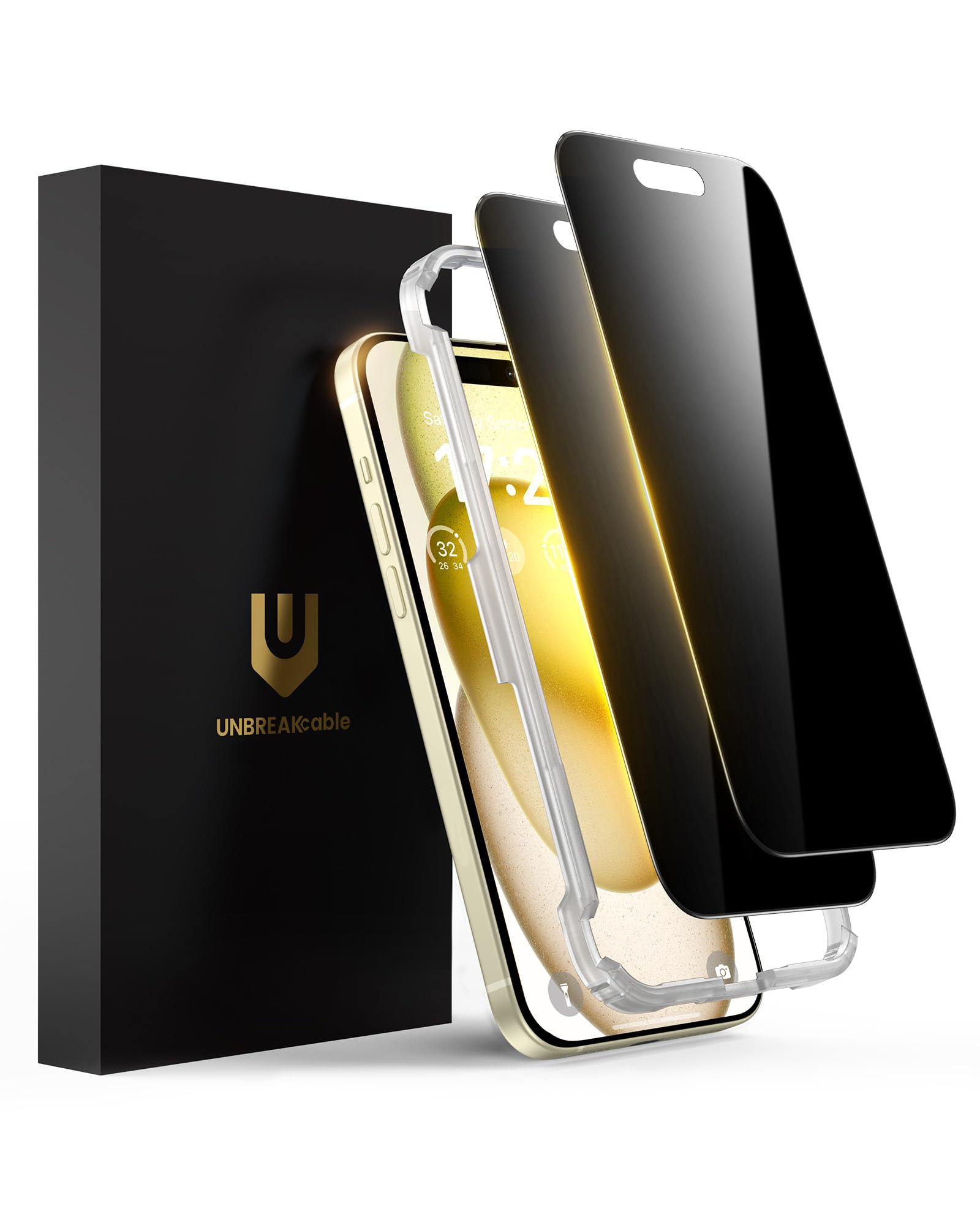 UNBREAKcable Privacy Screen Protector for iPhone 15 Plus, Anti-Spy Shatterproof Tempered Glass [True 28°Anti Spy] [9H Hardness] [Easy Installation Frame] Black Protector for iPhone 6.7" - 2 Pack
