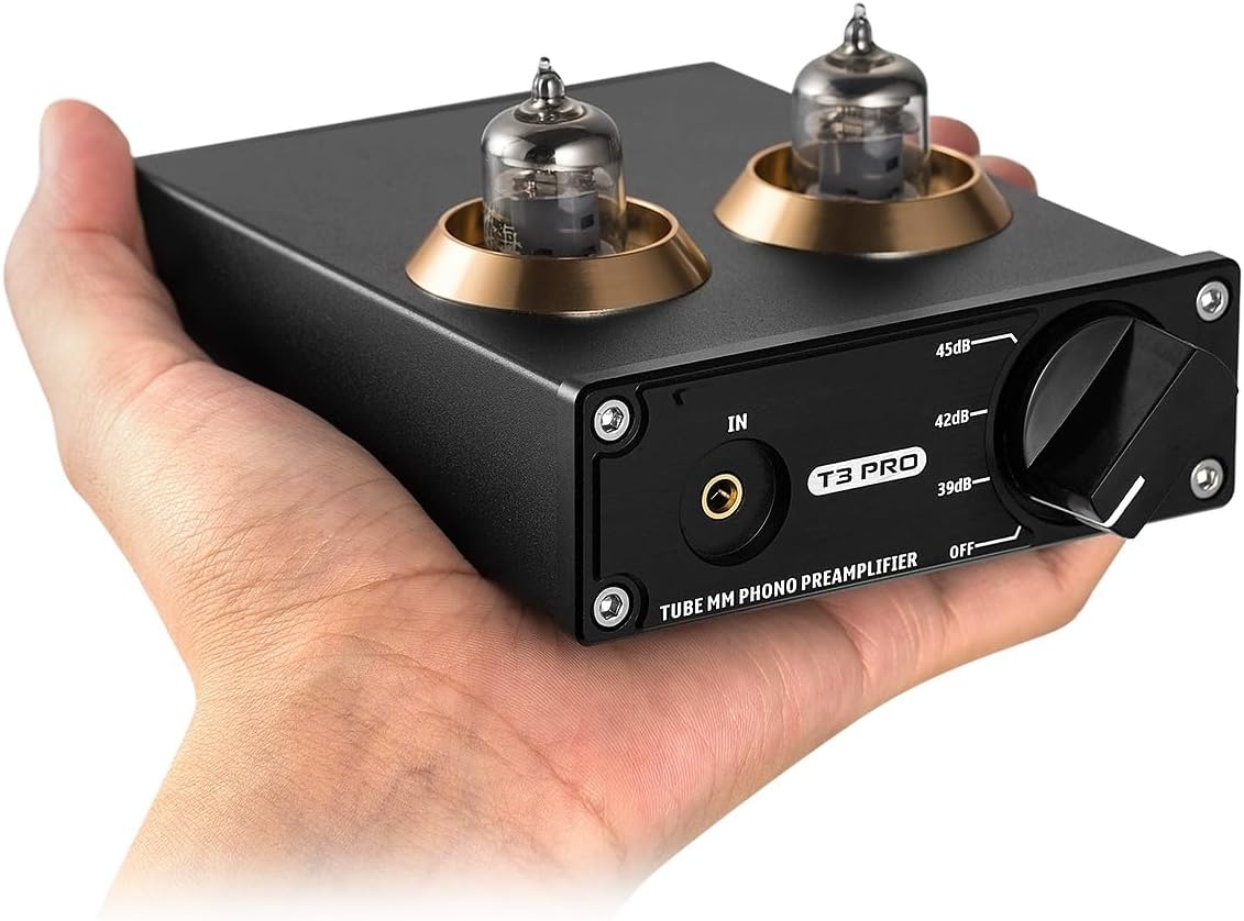 Mini Audio Preamplifier, HiFi MM Phono Stage Turntable Preamp, 2 Vacuum Tube, with Gain Adjustment Switch, for Home Theater HiFi System