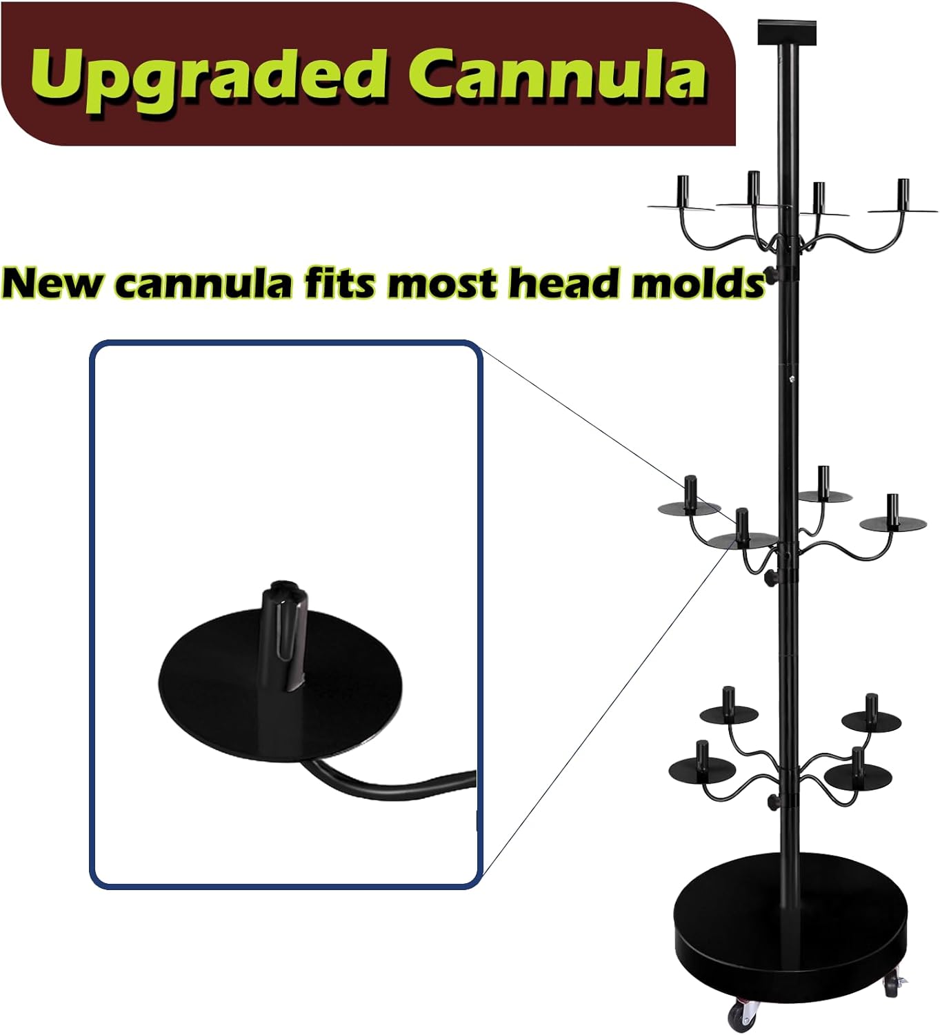 Wig holder for Multiple Wigs for 12-Mannequin Head, Wig Styling Stand Display Holder Organizer Metal Wig Rack On Wheels Tree Shelf - Patent Protected( Large Black with 12 little wig holder