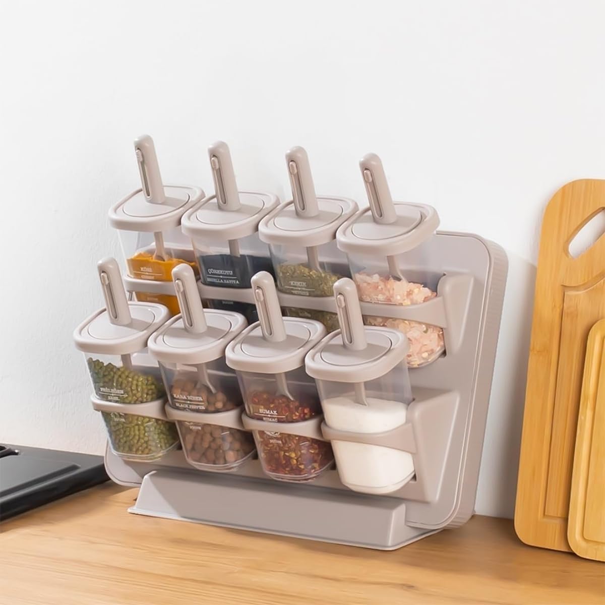 8'li Standlı Baharatlık Seti, Tezgah Üstü ve Duvara Monte, Kilitli Kapak, Şeffaf Kavanozlar, BPA İçermez, Modern Minimalist, Bej/Gri