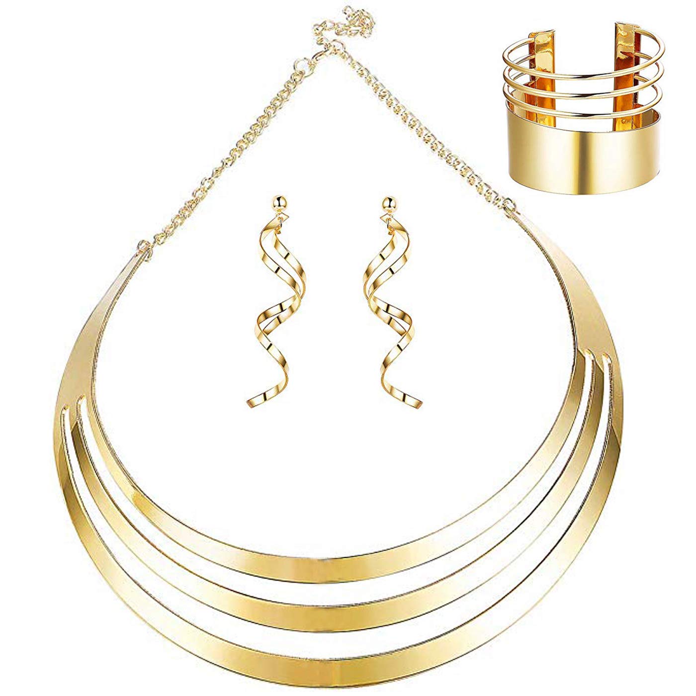 Finrezio Tono Dorado Conjunto De Collar con Gargantilla para Mujeres Pulseras Anchas De Brazalete Pendientes Llamativos Joyería del Festival