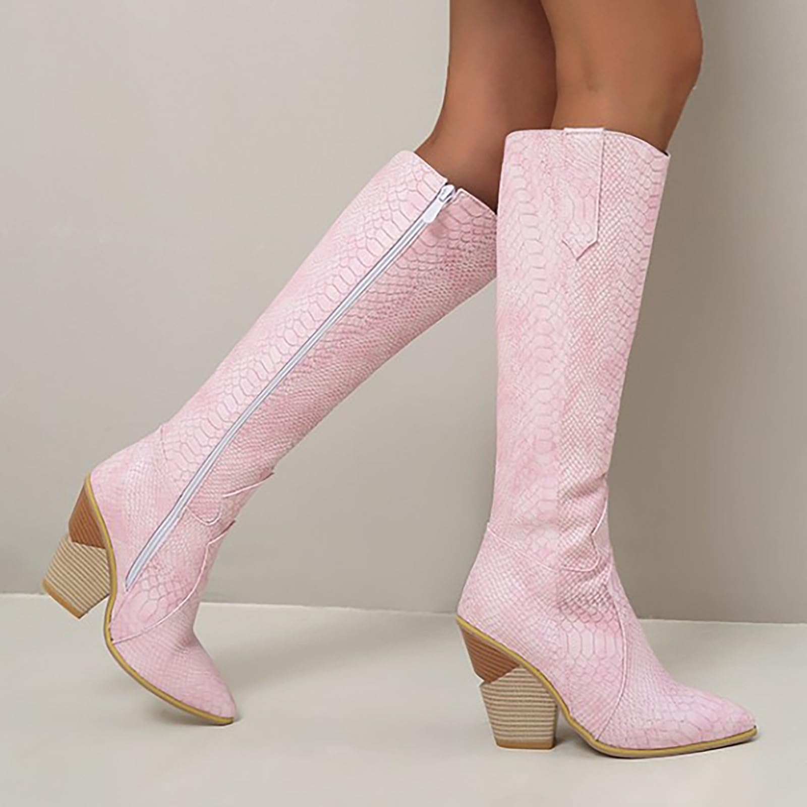Botas de Vestir Rujer Botas Altas hasta la Rodilla Occidentales con Estampado Gruesas con Punta en Punta y tacón apilado para Mujer