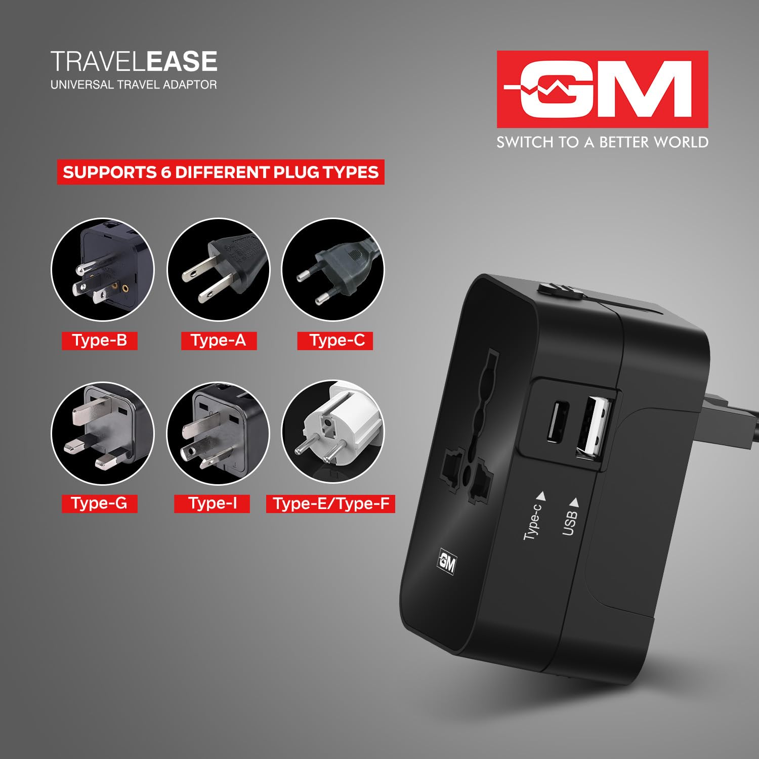 GM 3064 Universal Charger with 240V Power Output | International Travel Adapter with Port Type C - 3.1Amp and Type A - 2.1Amp Output | LED Indicator | for 150+ Countries US,UK,EU,AUS,Etc - Black 2