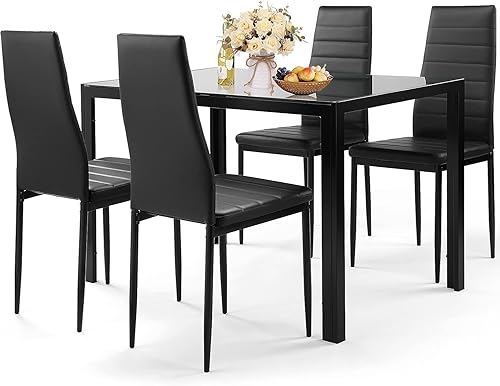 Miniatura 2 de Juego de mesa de comedor negra de 5 piezas para 4, juego de mesa y sillas de cocina de vidrio moderno, juego de mesa de comedor que ahorra espacio