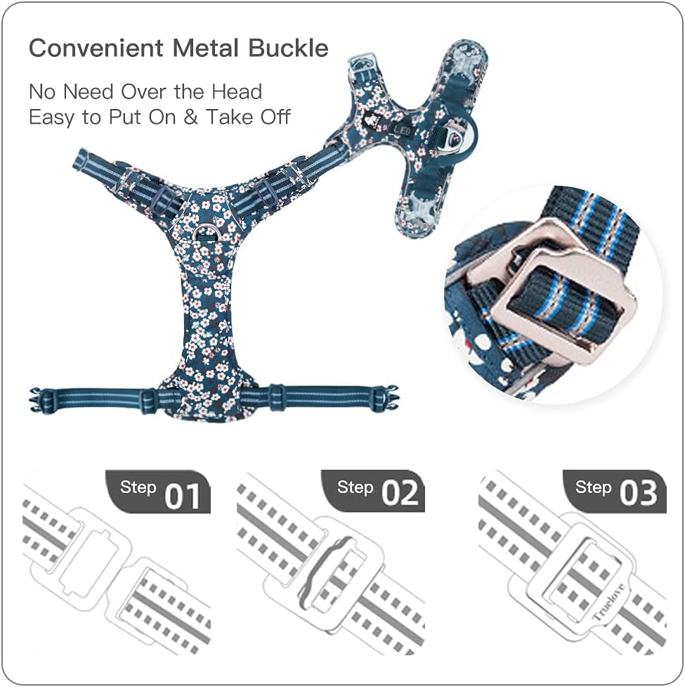 No Pull Dog Harness Reflective Adjustable Dog Vest Harness with Front Clip Easy Control Handle for Large Dogs Padded Puppy Harness 3 Snap Buckles Easy to Put On & Take Off Floral White XL