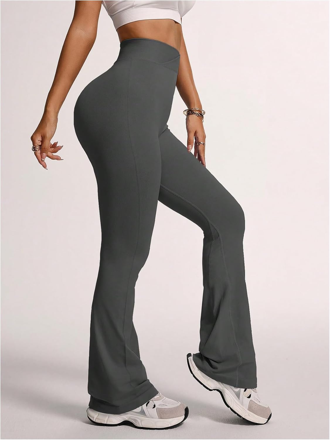 OYOANGLE Women's Flare Bootcut Leggings Crossover High Waist Tummy Control Butt Lifting Workout Gym Casual Yoga Pants - Image 2