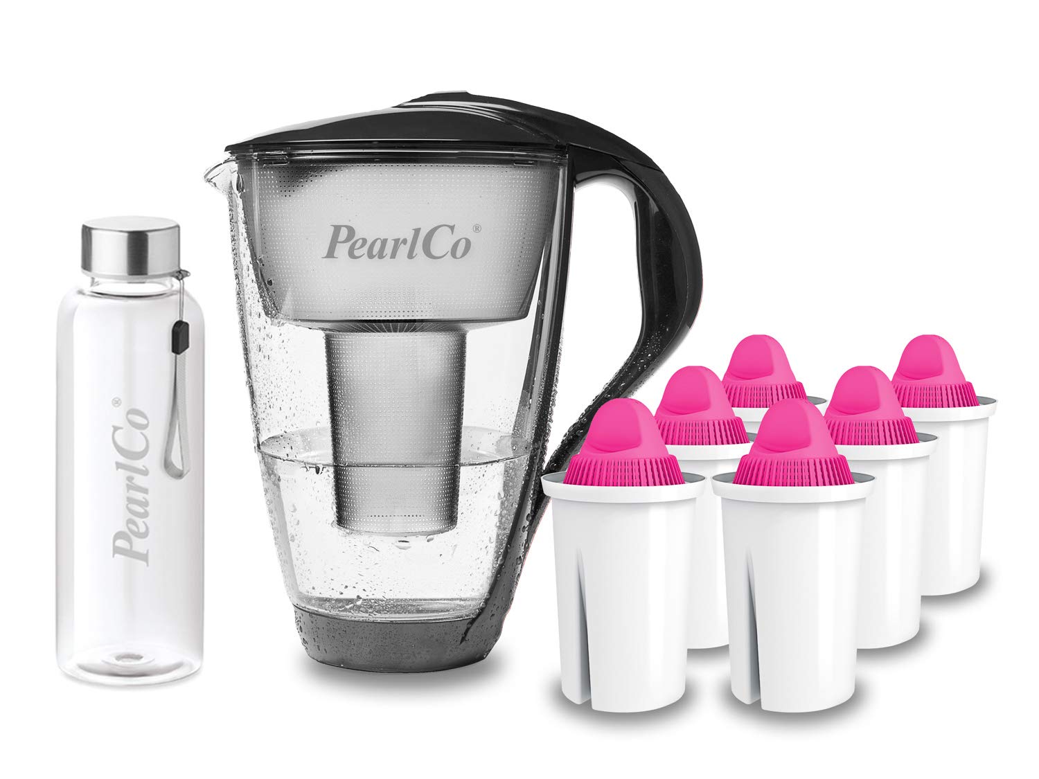 PearlCo - Szklany filtr do wody (antracyt) z 6 wkładami filtrującymi z magnezu Classic + 1 butelka do picia ze szkła