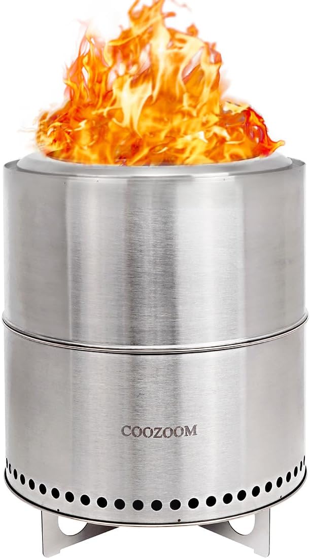 COOZOOM 15 Inch Large Smokeless Fire Pit with Stand Portable Stainless Steel Bonfire Pit Outdoor Wood Burning Firepit for Outside Patio Camping with Carry Bag
