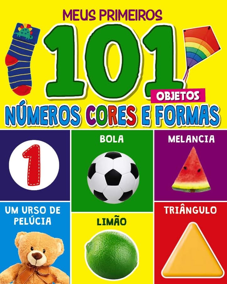 Imagem frontal de brinquedo com fundo amarelo e blocos de cores variadas destacando diferentes objetos. Imagem frontal de brinquedo com fundo amarelo e blocos de cores variadas destacando diferentes objetos.