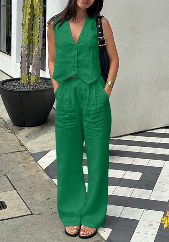Minetom Completo da Donna Due Pezzi Elegante Senza Maniche Blazer Scollo a V Gilet Ufficio Business Giacca Gilet e Pantaloni