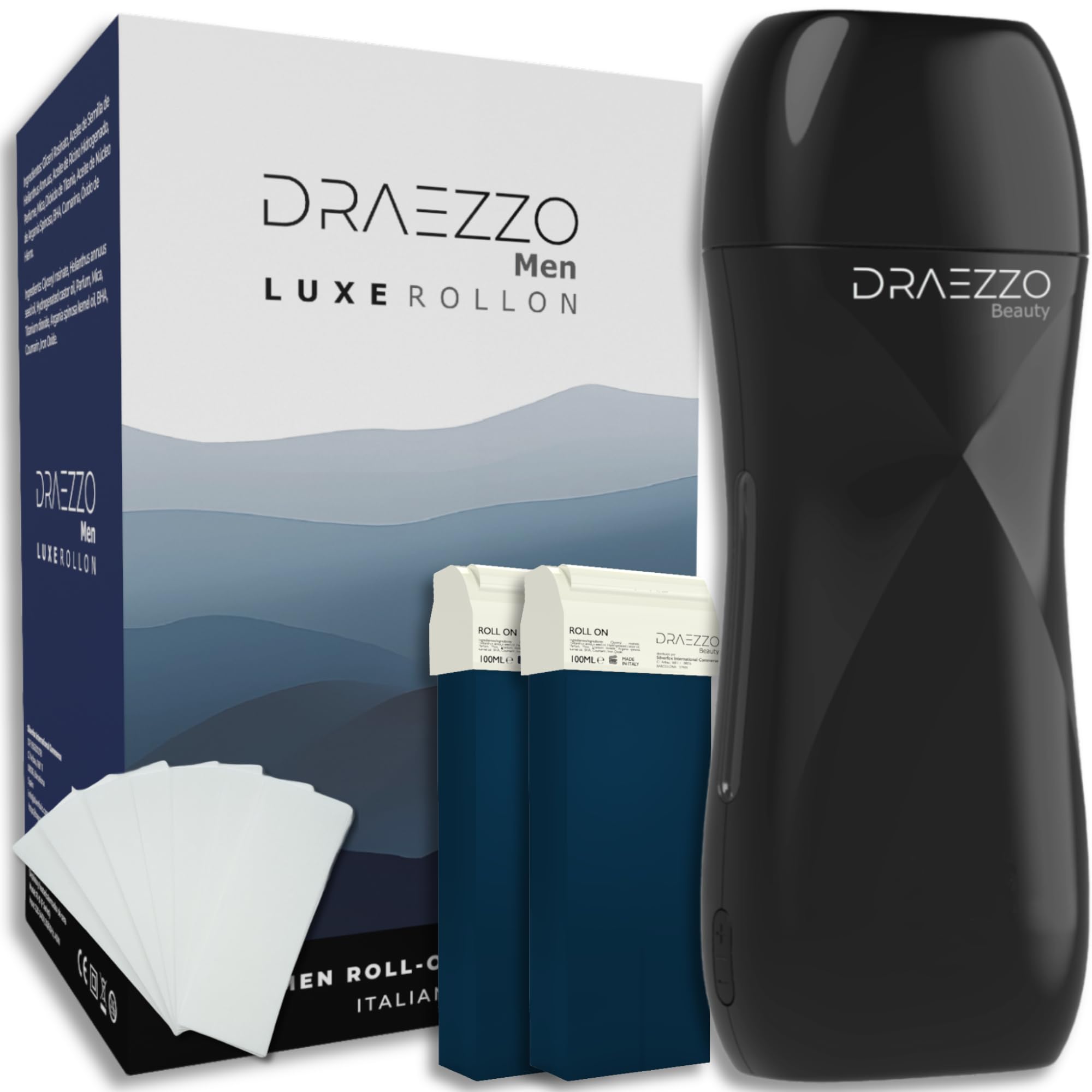 Man - Calentador Cera Roll On Profesional Kit para Hombre + 2 Cartuchos Cera Tibia Roll On Profesional - Descubre los Beneficios del Azuleno - Roll-On Depilacion