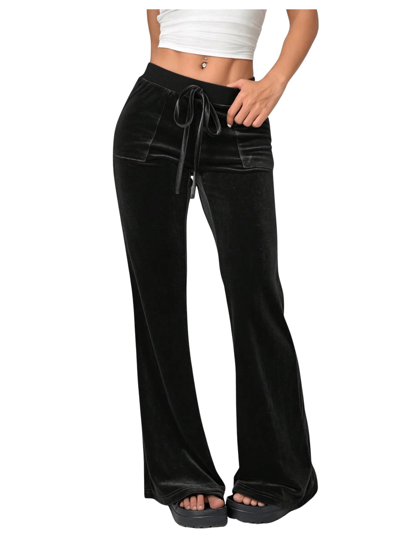Floerns Womens Velvet Drawstring Waist Bell Bottom Flare Leg Long Pants with Pockets