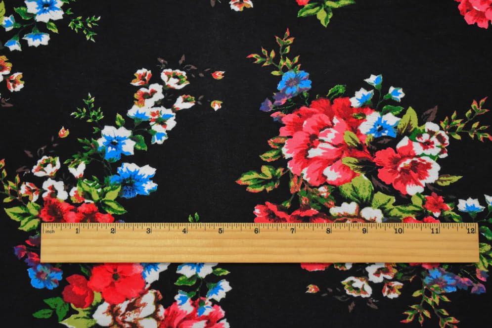60' Wide Black-Red-Multi Cotton Floral Printed...