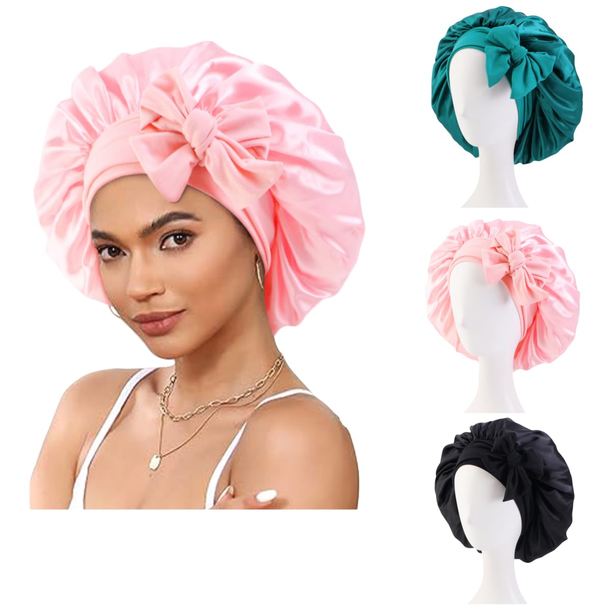 LUVEEVA Adjustable Satin Sleep Cap, Double & Single Layer Options, Tie-Back Design, Prevents Hair Breakage & Frizz