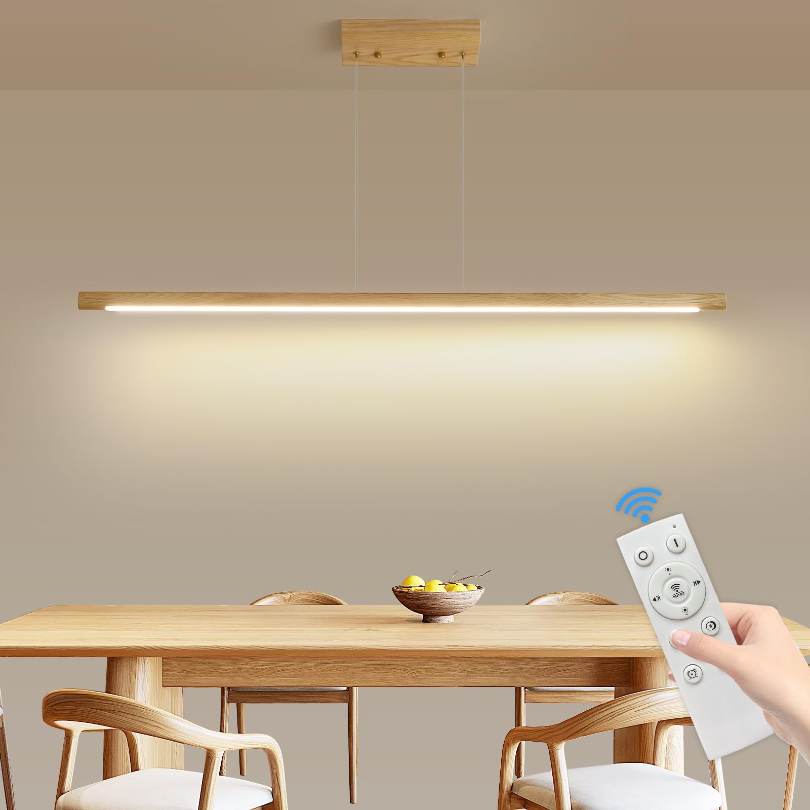 SHINELUX Dimmable Wood Pendant Lamp with Remote Control 3000k 4500k 6500k, for Living Room, Dining Room, Foyer and Home Office Ceiling Light