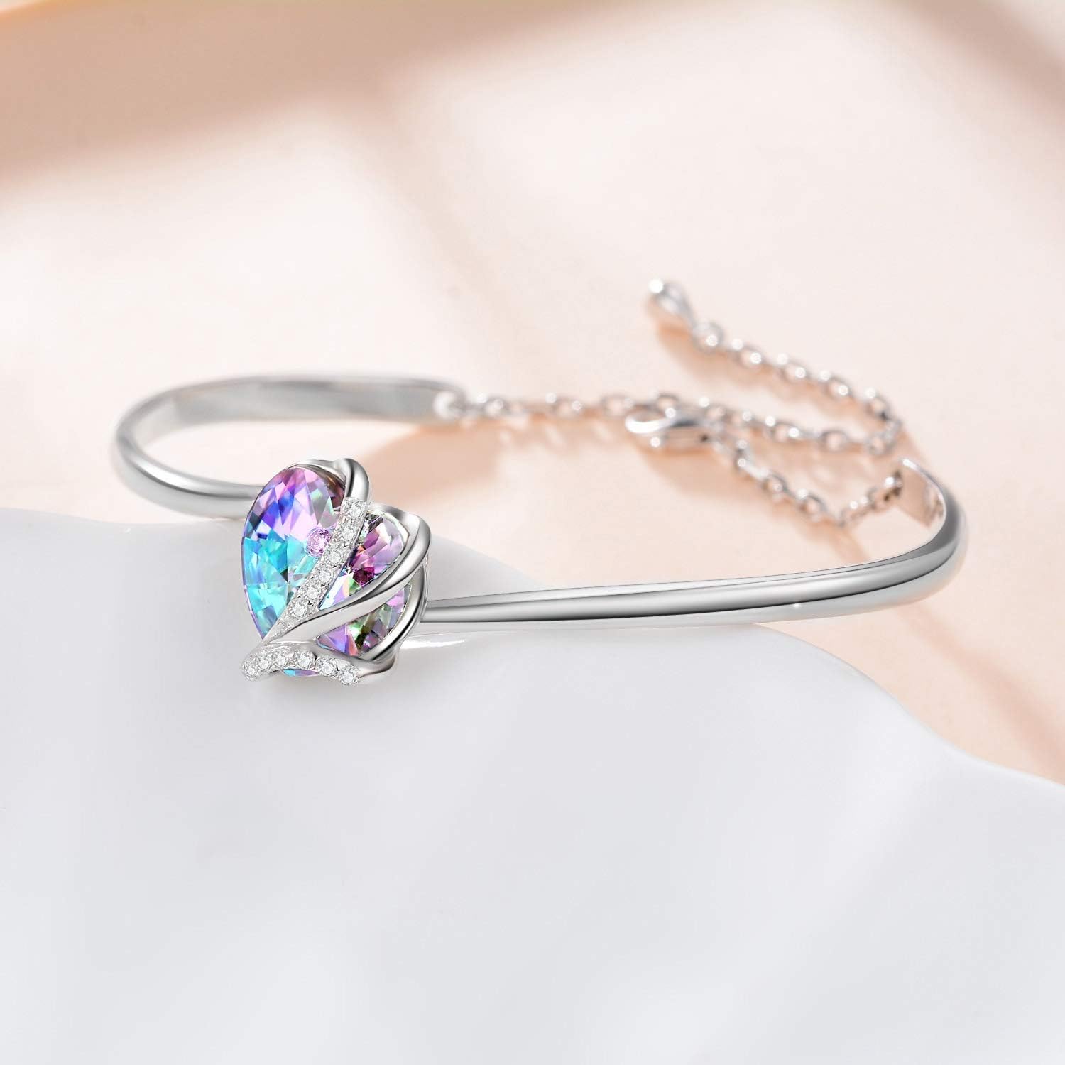 AOBOCO I Love You Jewelry - Sterling Silver Blue Purple Love Heart Bangle Bracelet Embellished with Crystals from Austria, Fine Anniversary Birthday Jewelry Gifts for Women - Image 3