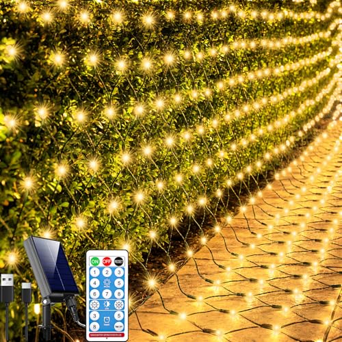 Lovelite 11.5ft x 5ft Solar Net Lights Outdoor 240LED Christmas Mesh Lights Solar & USB Powered Waterproof String Lights 8 Modes Green Wire for Bushes Patio Garden Holiday Party Decor (Warm White)