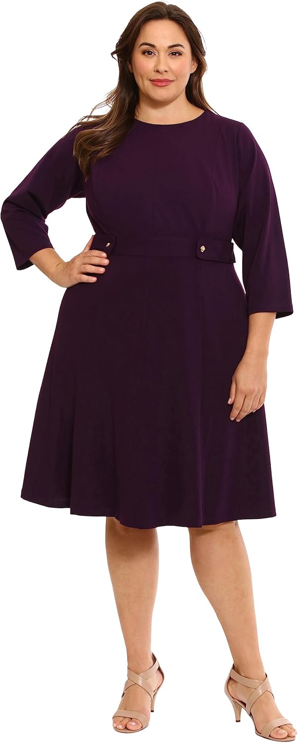 London Times Womens Crepe Fit and Flare Midi with Waist Button Detail - Image 6